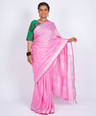 Light pink embellished cotton linen bhagalpuri ethnic saree with unstitched blouse 1