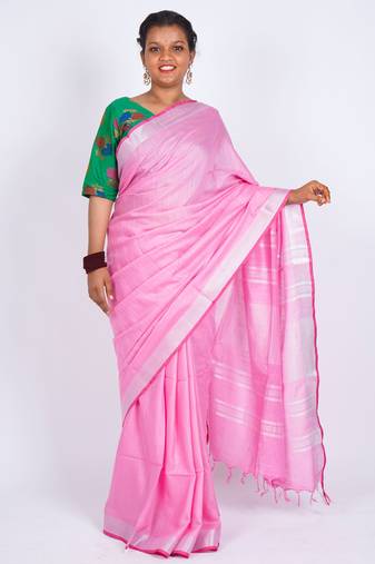 Light pink embellished cotton linen bhagalpuri ethnic saree with unstitched blouse