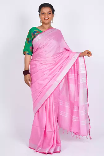 Light pink embellished cotton linen bhagalpuri ethnic saree with unstitched blouse