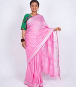 Light pink embellished cotton linen bhagalpuri ethnic saree with unstitched blouse