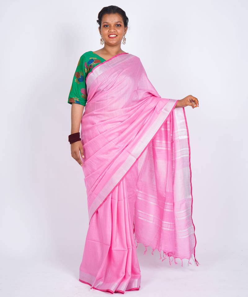Light pink embellished cotton linen bhagalpuri ethnic saree with unstitched blouse