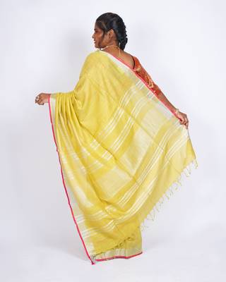 Yellow embellished cotton linen bhagalpuri ethnic saree with unstitched blouse 2