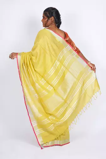 Yellow embellished cotton linen bhagalpuri ethnic saree with unstitched blouse