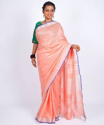 Peach embellished cotton linen bhagalpuri ethnic saree with unstitched blouse 4