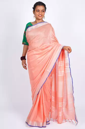 Peach embellished cotton linen bhagalpuri ethnic saree with unstitched blouse