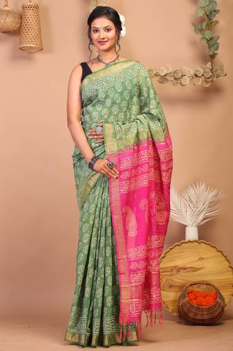 green & pink zari work cotton silk blend bhagalpuri ethnic saree with unstitched blouse