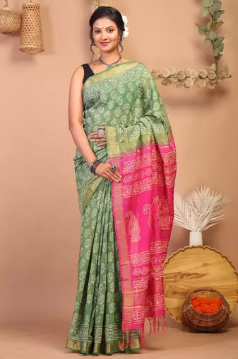 green & pink zari work cotton silk blend bhagalpuri ethnic saree with unstitched blouse