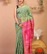 green & pink zari work cotton silk blend bhagalpuri ethnic saree with unstitched blouse