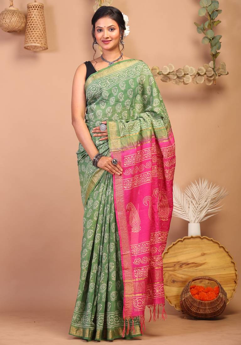 green & pink zari work cotton silk blend bhagalpuri ethnic saree with unstitched blouse