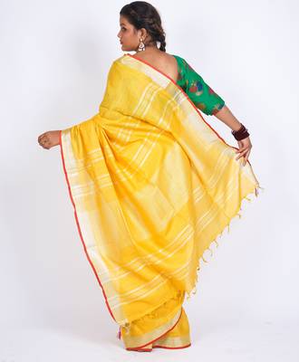 Yellow embellished cotton linen bhagalpuri ethnic saree with unstitched blouse 2