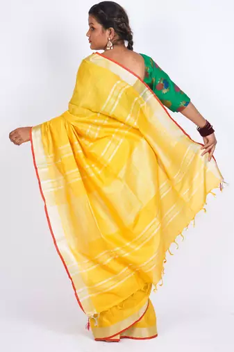 Yellow embellished cotton linen bhagalpuri ethnic saree with unstitched blouse