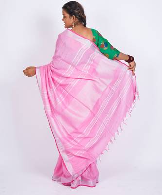 Light pink embellished cotton linen bhagalpuri ethnic saree with unstitched blouse 2