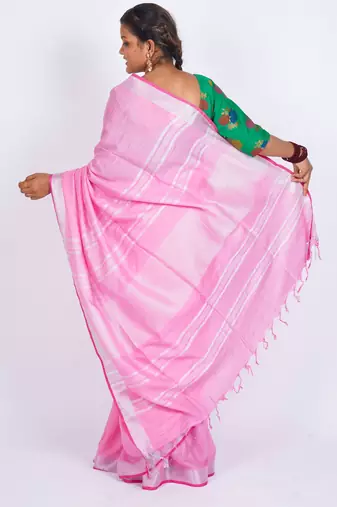 Light pink embellished cotton linen bhagalpuri ethnic saree with unstitched blouse