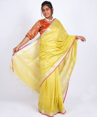 Yellow embellished cotton linen bhagalpuri ethnic saree with unstitched blouse 3