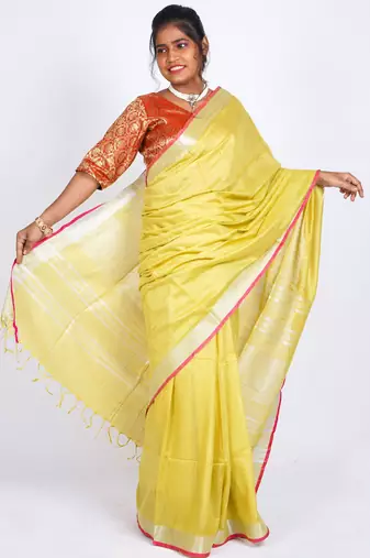 Yellow embellished cotton linen bhagalpuri ethnic saree with unstitched blouse