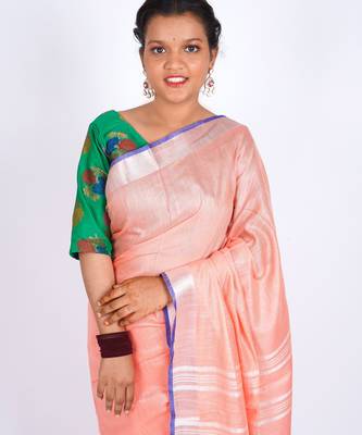 Peach embellished cotton linen bhagalpuri ethnic saree with unstitched blouse 5