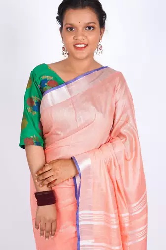 Peach embellished cotton linen bhagalpuri ethnic saree with unstitched blouse