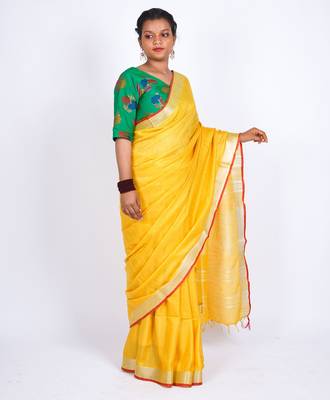 Yellow embellished cotton linen bhagalpuri ethnic saree with unstitched blouse 3