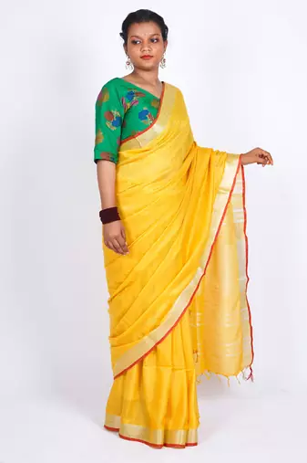 Yellow embellished cotton linen bhagalpuri ethnic saree with unstitched blouse