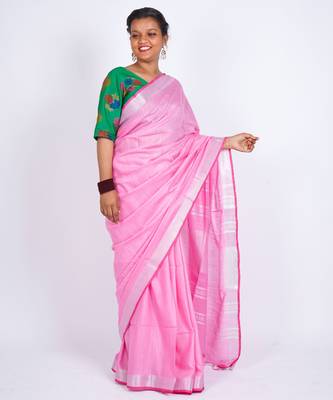 Light pink embellished cotton linen bhagalpuri ethnic saree with unstitched blouse 3