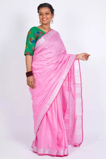 Light pink embellished cotton linen bhagalpuri ethnic saree with unstitched blouse