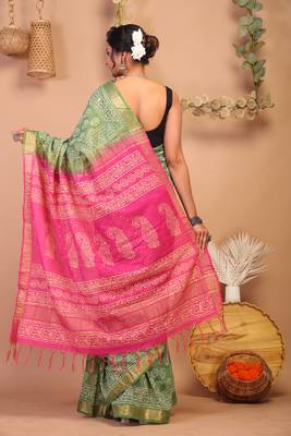 green & pink zari work cotton silk blend bhagalpuri ethnic saree with unstitched blouse 2