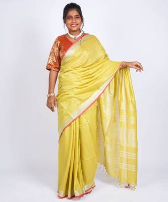 Yellow embellished cotton linen bhagalpuri ethnic saree with unstitched blouse 4