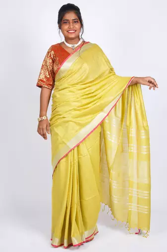 Yellow embellished cotton linen bhagalpuri ethnic saree with unstitched blouse