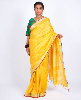 Yellow embellished cotton linen bhagalpuri ethnic saree with unstitched blouse 4