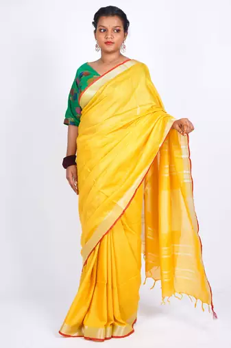 Yellow embellished cotton linen bhagalpuri ethnic saree with unstitched blouse
