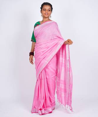 Light pink embellished cotton linen bhagalpuri ethnic saree with unstitched blouse 4