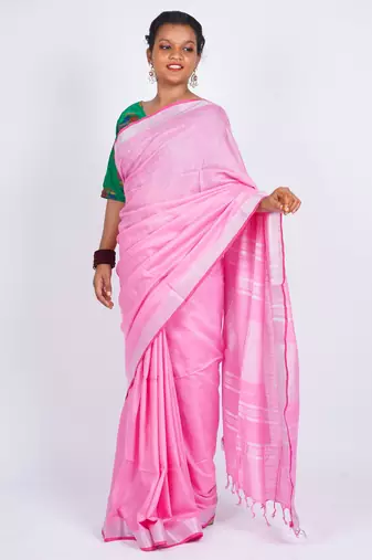 Light pink embellished cotton linen bhagalpuri ethnic saree with unstitched blouse
