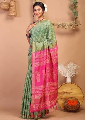 green & pink zari work cotton silk blend bhagalpuri ethnic saree with unstitched blouse 3