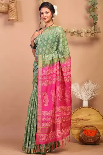 green & pink zari work cotton silk blend bhagalpuri ethnic saree with unstitched blouse