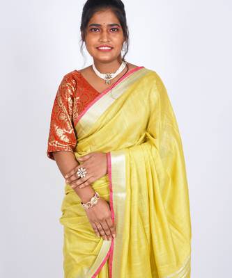 Yellow embellished cotton linen bhagalpuri ethnic saree with unstitched blouse 5
