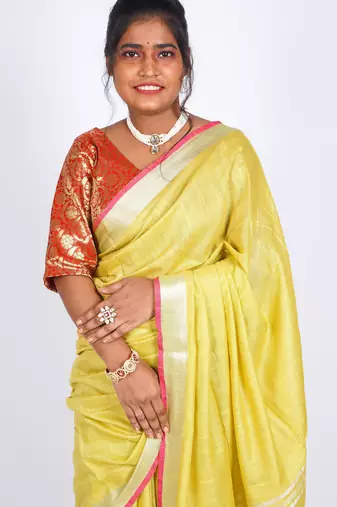 Yellow embellished cotton linen bhagalpuri ethnic saree with unstitched blouse