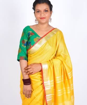 Yellow embellished cotton linen bhagalpuri ethnic saree with unstitched blouse 5