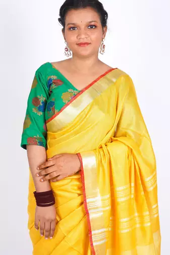 Yellow embellished cotton linen bhagalpuri ethnic saree with unstitched blouse