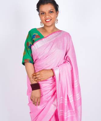 Light pink embellished cotton linen bhagalpuri ethnic saree with unstitched blouse 5
