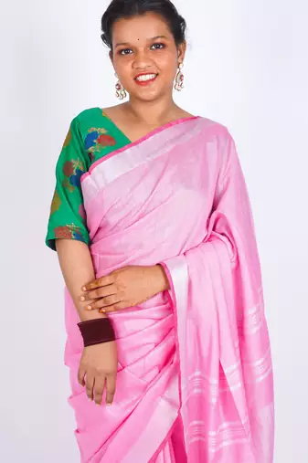 Light pink embellished cotton linen bhagalpuri ethnic saree with unstitched blouse