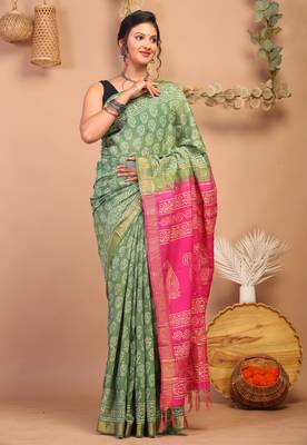 green & pink zari work cotton silk blend bhagalpuri ethnic saree with unstitched blouse 4