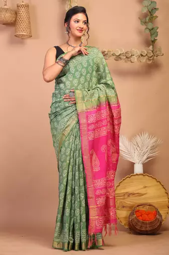 green & pink zari work cotton silk blend bhagalpuri ethnic saree with unstitched blouse