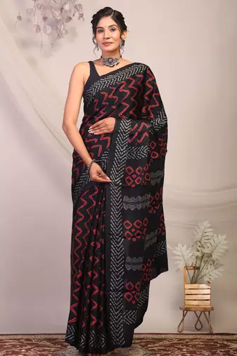 black & red embellished modal silk blend bhagalpuri ethnic saree with unstitched blouse