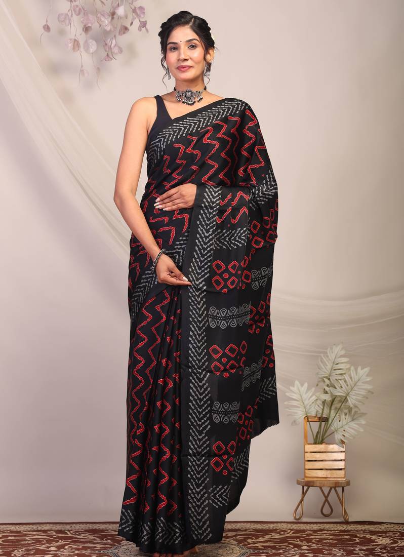 black & red embellished modal silk blend bhagalpuri ethnic saree with unstitched blouse