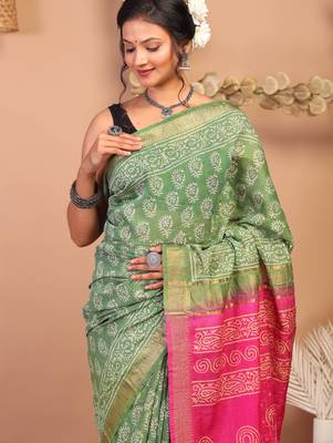 green & pink zari work cotton silk blend bhagalpuri ethnic saree with unstitched blouse 5