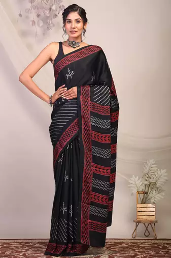 black & grey embellished modal silk blend bhagalpuri ethnic saree with unstitched blouse