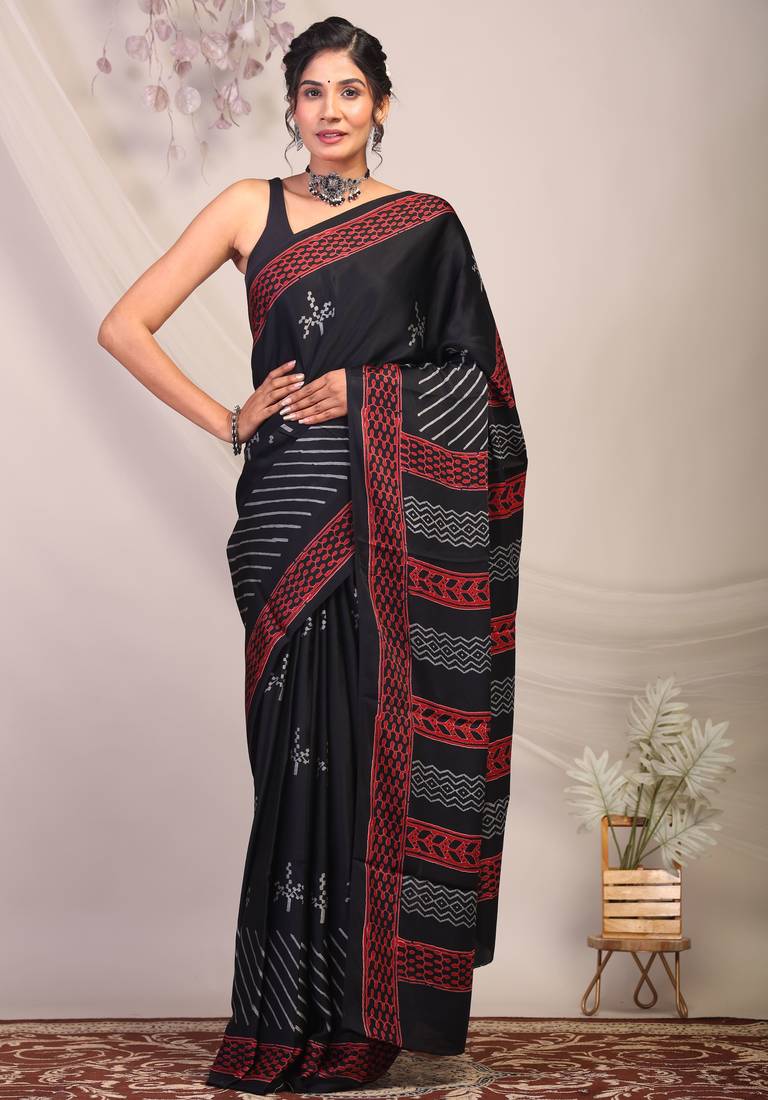 black & grey embellished modal silk blend bhagalpuri ethnic saree with unstitched blouse