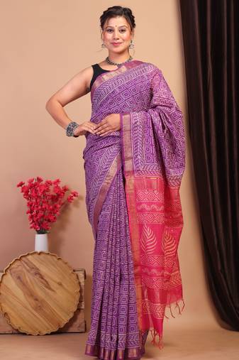 purple & pink zari work cotton silk blend bhagalpuri ethnic saree with unstitched blouse