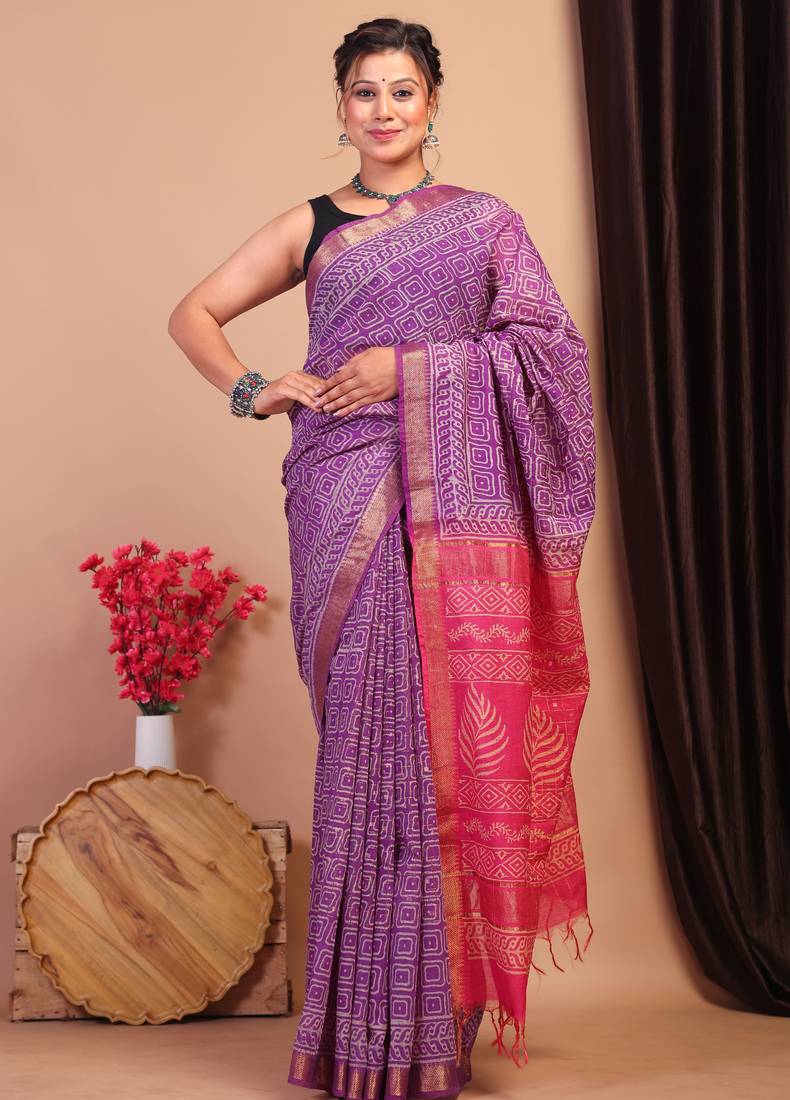 purple & pink zari work cotton silk blend bhagalpuri ethnic saree with unstitched blouse