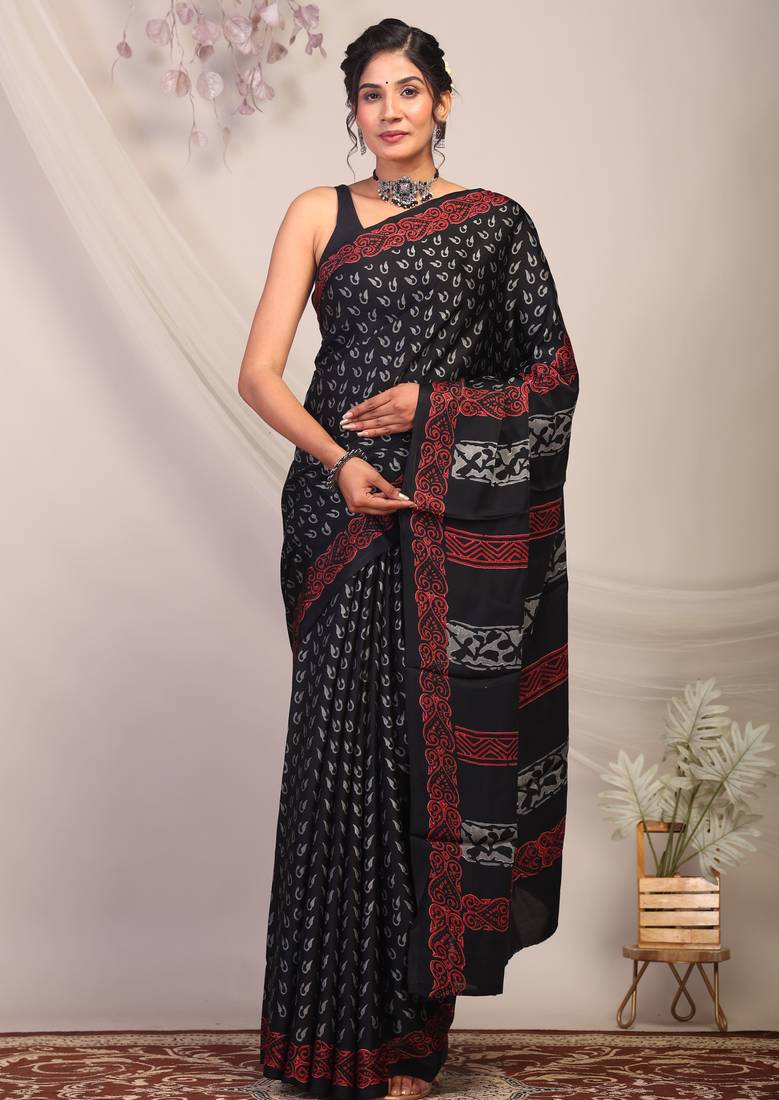 black & grey embellished modal silk blend bhagalpuri ethnic saree with unstitched blouse